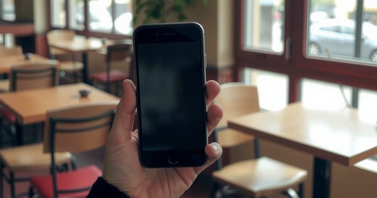 Mão segurando um celular na vertical com a tela apagada, diante do salão desfocado de uma cafeteria com mesas de madeira e janelas ao fundo
