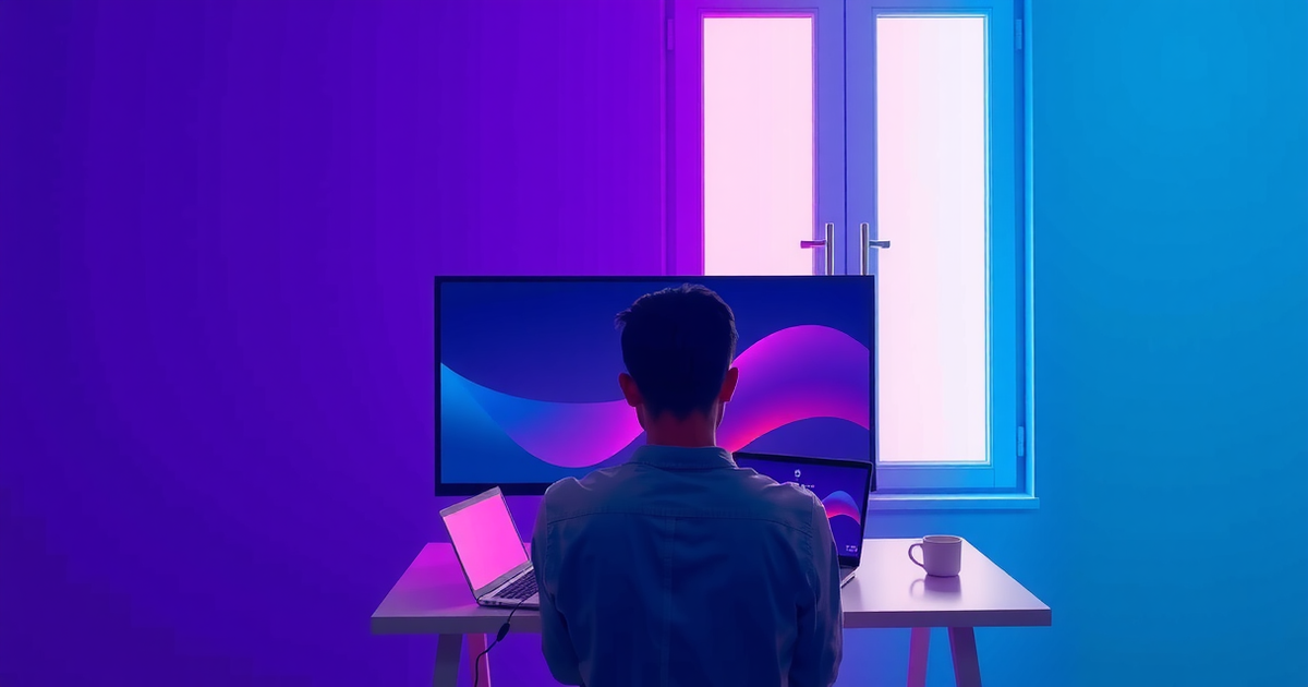Pessoa vista de costas trabalhando sozinha em uma mesa com dois monitores e um notebook, iluminada pela janela ao lado