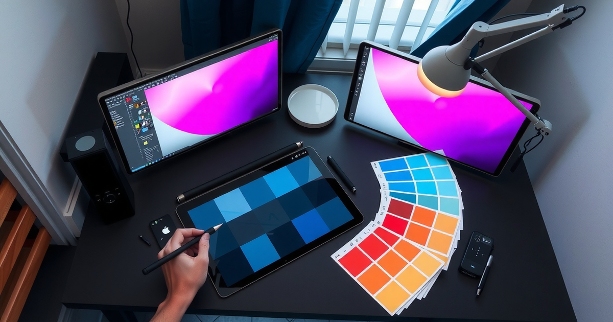 Mesa de designer vista de cima com mesa digitalizadora, cartões impressos em grade e amostras de cor