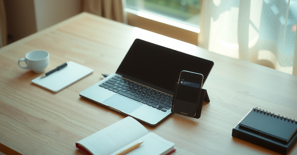 Notebook aberto sobre mesa de madeira clara, com celular apoiado ao lado exibindo uma notificação, caderno, caneta e xícara ao redor, sob luz de fim de tarde