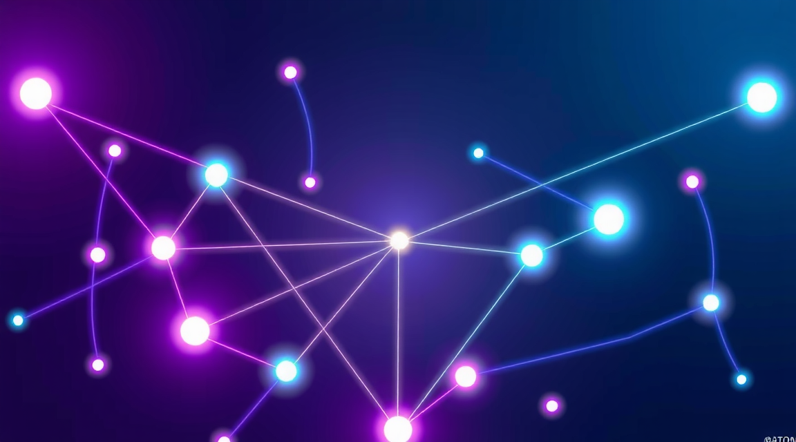 Ilustração abstrata com nós luminosos e linhas de conexão partindo de um ponto central, em degradê violeta, índigo e ciano sobre fundo azul-marinho escuro.