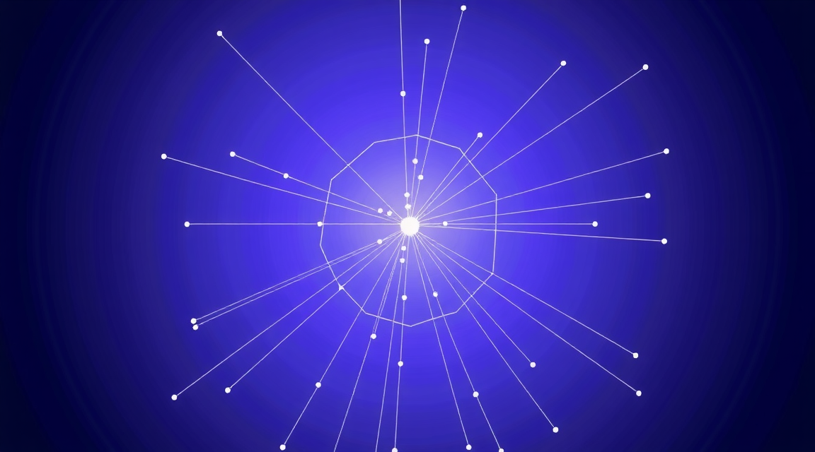 Composicao geometrica abstrata com linhas de conexao partindo de um ponto luminoso, em gradiente violeta, indigo e ciano sobre fundo azul escuro.