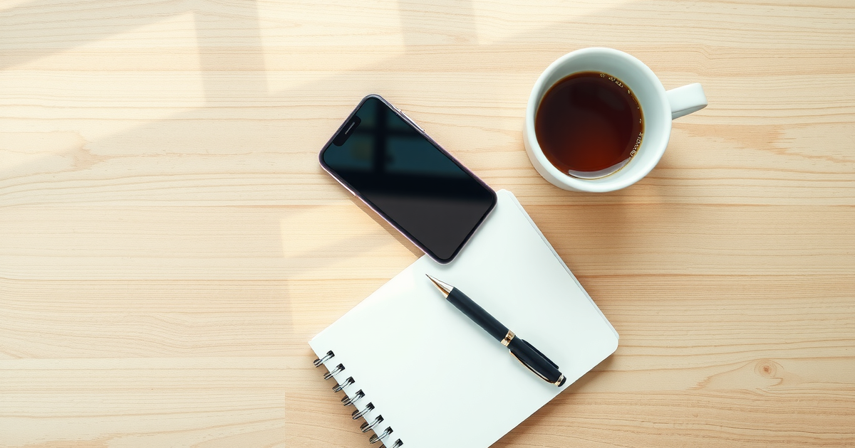Celular virado para baixo sobre mesa de madeira clara, ao lado de um caderno fechado com caneta e uma xícara de café, com luz de janela atravessando a mesa
