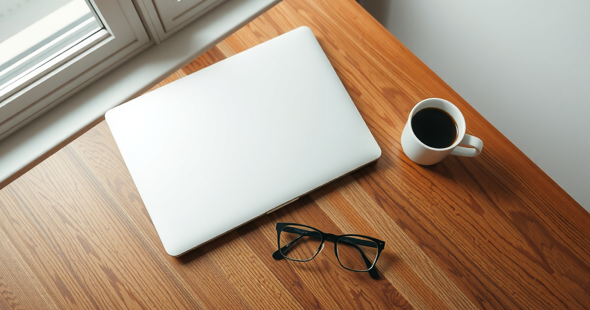 Notebook fechado sobre mesa de madeira ao lado de uma xícara de café e um par de óculos, com luz de janela