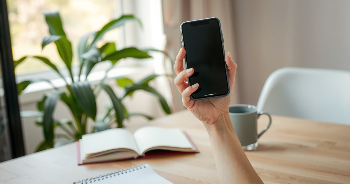Mão segurando um celular de tela apagada acima de uma mesa de madeira clara, com caderno aberto, xícara e planta ao fundo