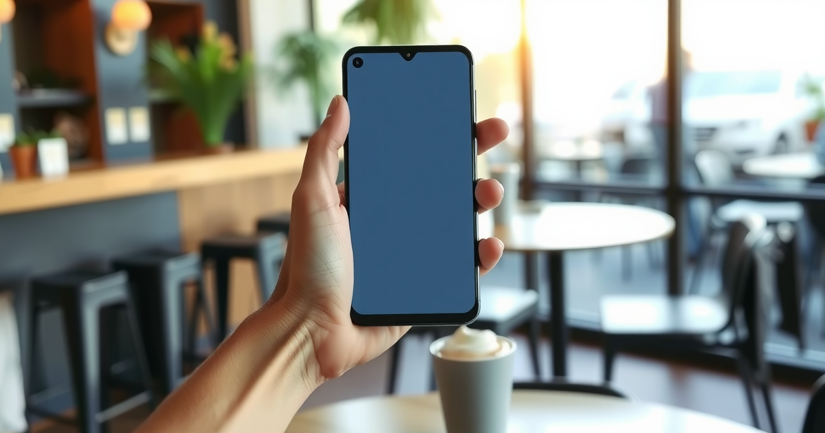 Mao segurando um celular na vertical com a tela apagada dentro de uma cafeteria desfocada, xicara branca sobre a mesa ao lado