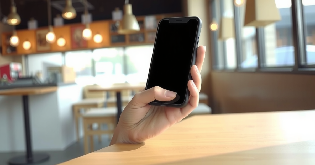 Mão segurando um celular na vertical com a tela apagada, diante de uma cafeteria desfocada e o tampo de uma mesa de madeira clara