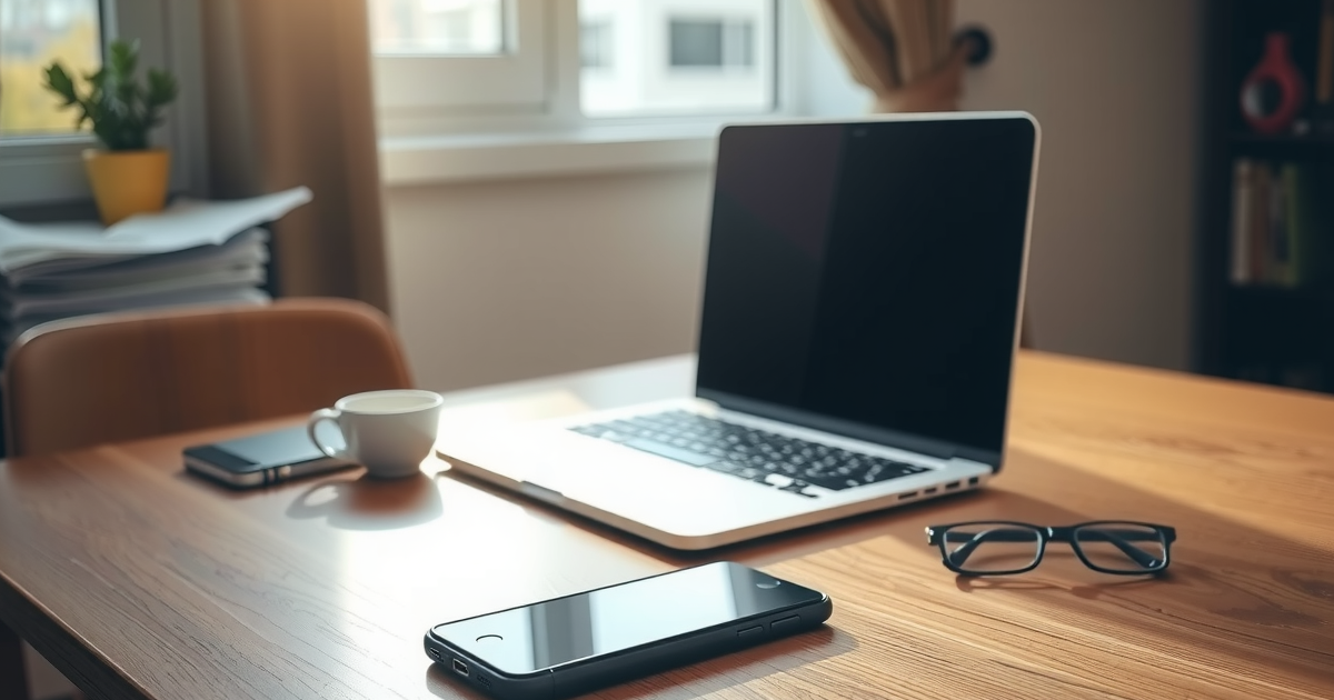 Mesa de madeira com notebook aberto, celular em primeiro plano, xicara de cafe e oculos, sob a luz de uma janela