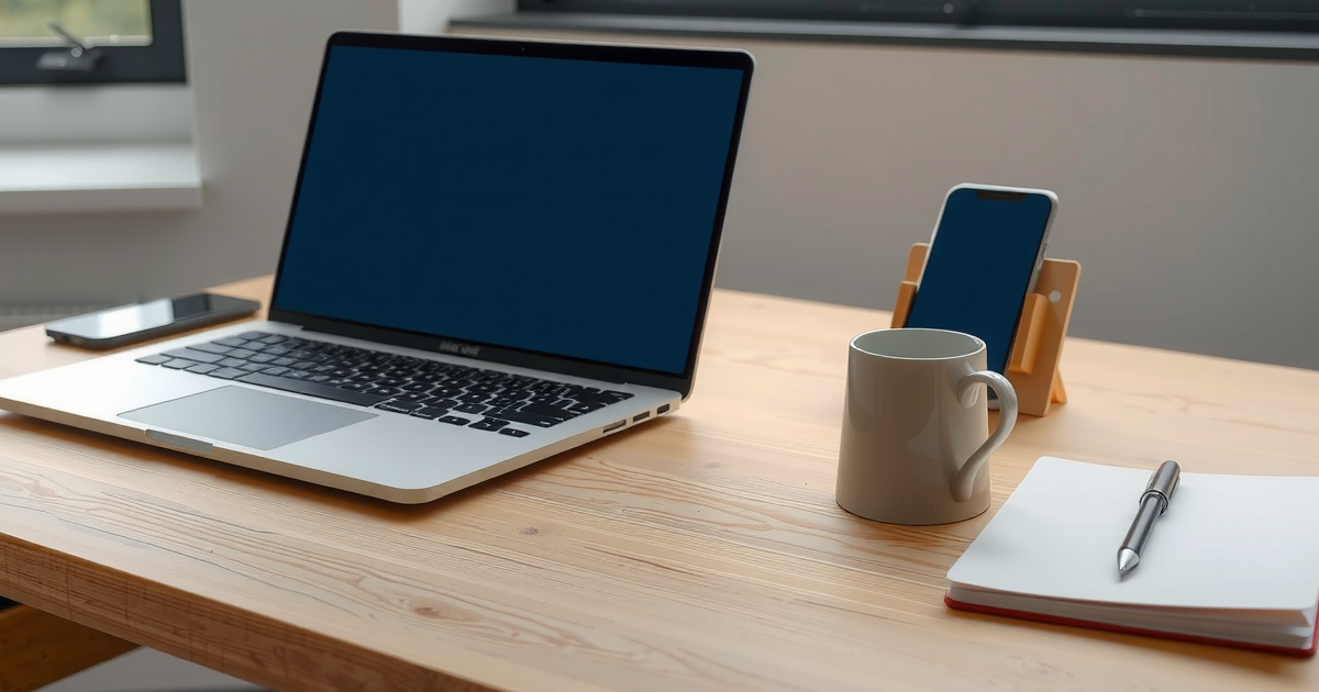 Notebook aberto sobre mesa de madeira clara, com celular apoiado em um suporte, xícara e caderno ao lado, luz vinda da janela
