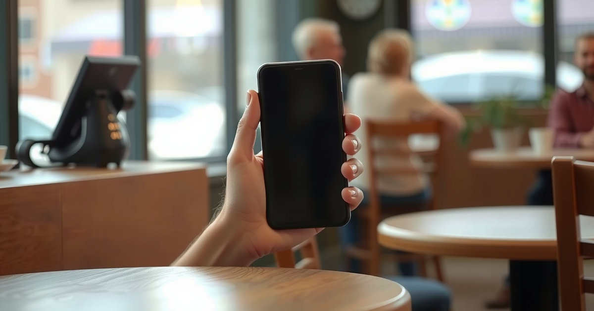 Mão segurando um celular na vertical sobre a mesa de uma cafeteria, com a vitrine e outros clientes desfocados ao fundo