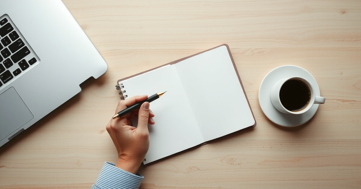 Mao segurando caneta sobre um caderno em branco aberto, com um notebook fechado de um lado e uma xicara de cafe do outro, em uma mesa de madeira clara vista de cima.