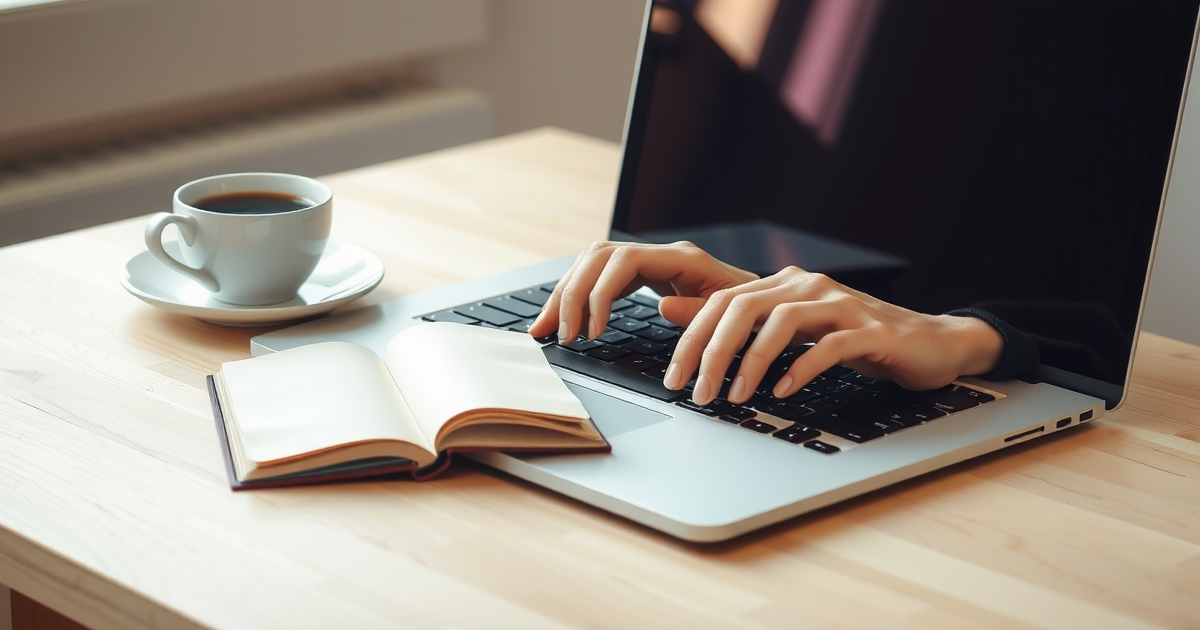 Mãos digitando no teclado de um notebook sobre mesa de madeira clara, com caderno aberto e xícara de café ao lado