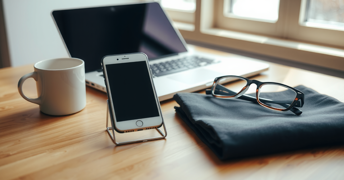 Celular apoiado em suporte sobre mesa de madeira clara, com notebook aberto, xícara e óculos ao lado, sob luz de janela