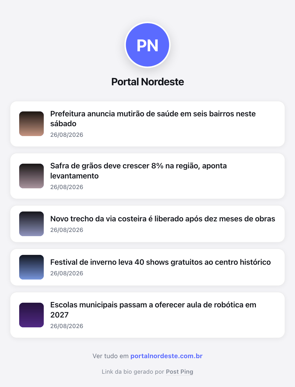 Página de link na bio mostrando os cinco artigos mais recentes de um portal de notícias, cada um com miniatura, título e data