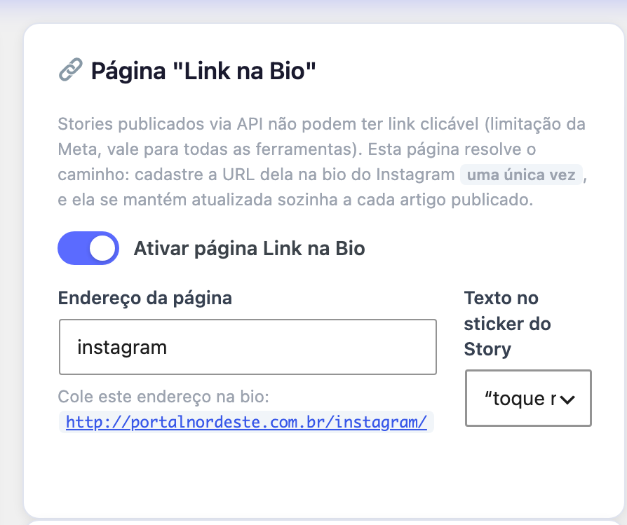 Tela de configuração do Post Ping com a opção de ativar a página de link na bio e o endereço para colar no perfil
